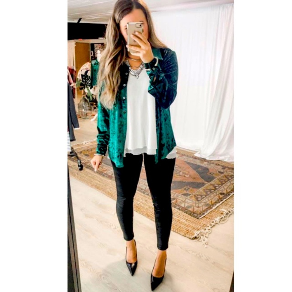 Grace and Lace Velvet Tinsel Button Up NWT Spruce